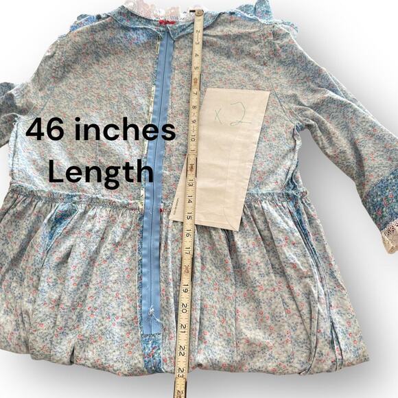 Vintage 1970s Large Handmade Blue Cotton Floral Prairie Dress, Cottagecore Lace - Picture 14 of 16